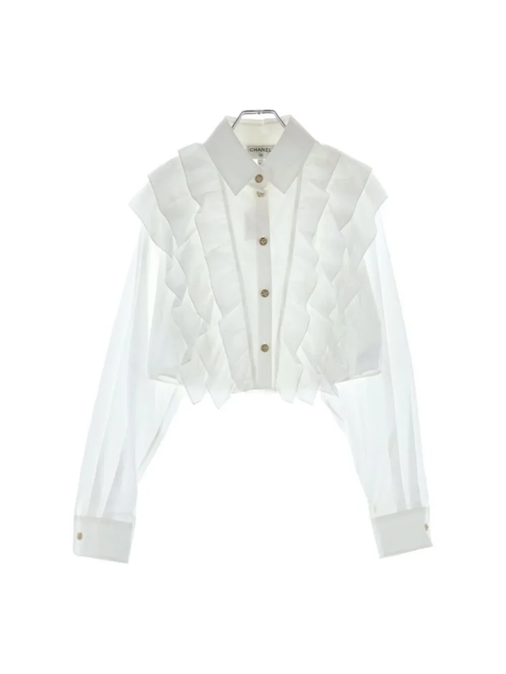 Chanel Rhinestone Gold Button Ruffle Long Sleeve Shirt Blouse Short Length